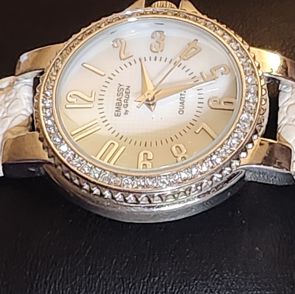 Beautiful Iced Out Embassy By Gruen Womens Watch Mop Dial